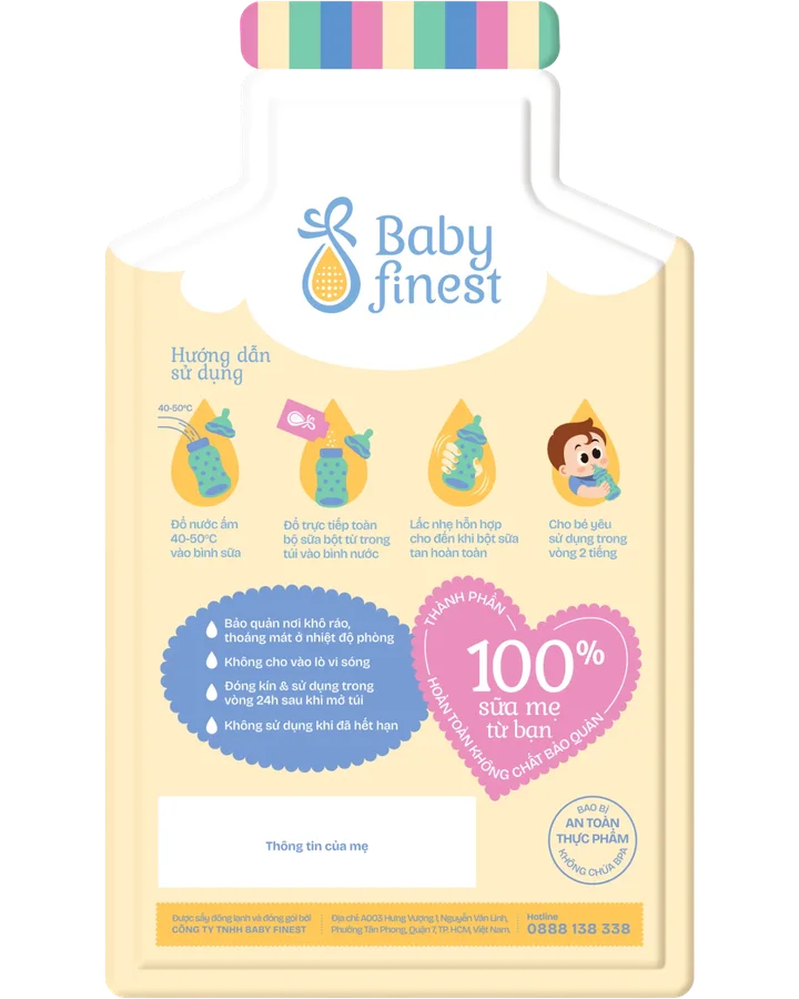 Túi bột sữa mẹ Baby Finest mặt sau với hướng dẫn sử dụng